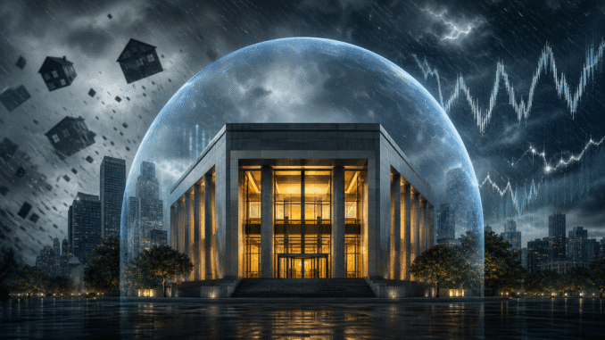 A strong modern bank protected by a financial shield during an economic storm