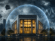 A strong modern bank protected by a financial shield during an economic storm