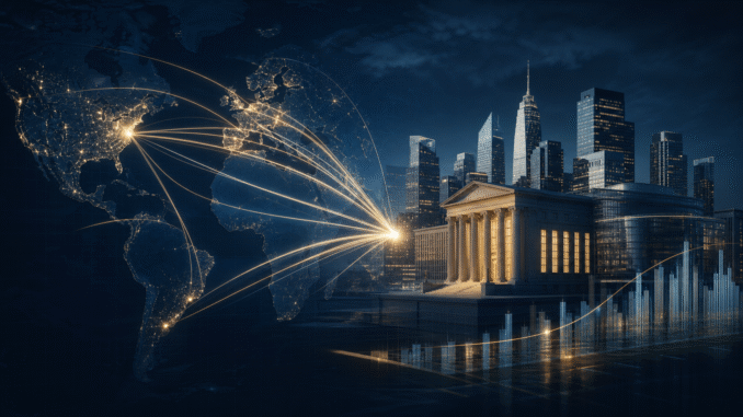 Global capital flowing toward U.S. financial markets across a stylised world map