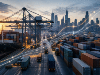 Cargo containers arriving at a U.S. port with subtle upward price indicators