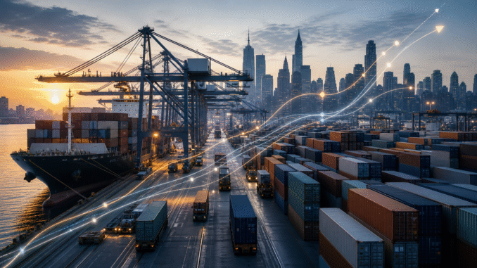 Cargo containers arriving at a U.S. port with subtle upward price indicators