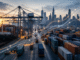 Cargo containers arriving at a U.S. port with subtle upward price indicators