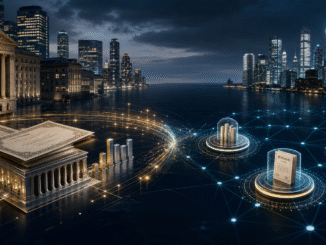 Traditional financial markets connecting to secure tokenized digital infrastructure