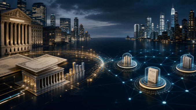 Traditional financial markets connecting to secure tokenized digital infrastructure