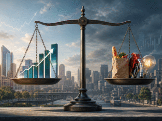 A balance scale weighing economic growth against inflation and household costs