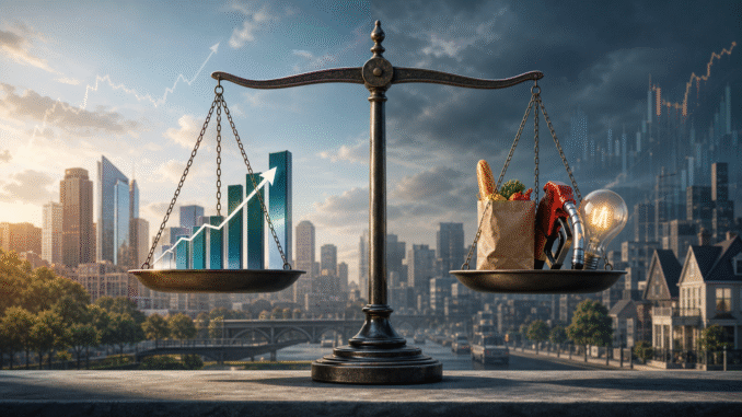 A balance scale weighing economic growth against inflation and household costs