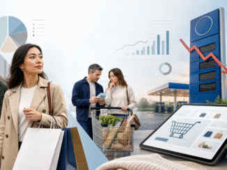 Editorial illustration of shoppers, fuel prices, online carts and household budget charts showing selective consumer spending