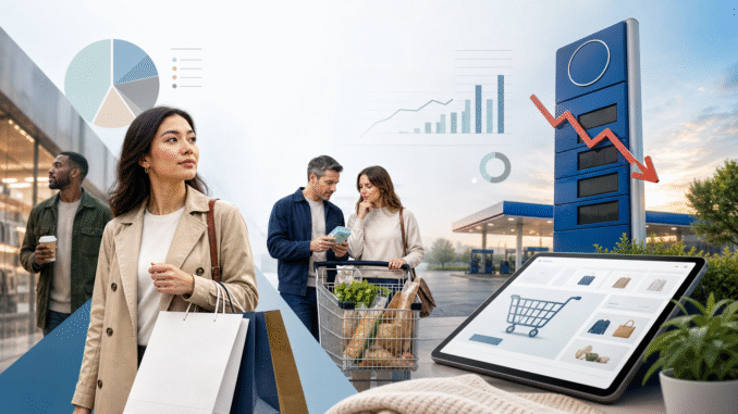 Editorial illustration of shoppers, fuel prices, online carts and household budget charts showing selective consumer spending