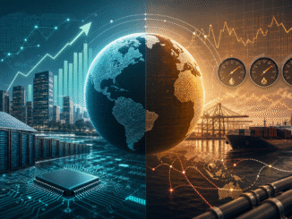 Editorial illustration of a split global economy with technology investment, energy prices, trade routes and market charts moving in different directions