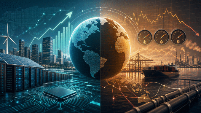 Editorial illustration of a split global economy with technology investment, energy prices, trade routes and market charts moving in different directions