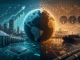 Editorial illustration of a split global economy with technology investment, energy prices, trade routes and market charts moving in different directions