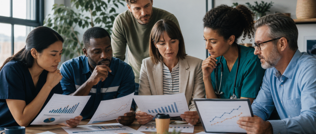 Editorial scene of diverse workers reviewing pay, household costs and purchasing power charts in a modern workplace