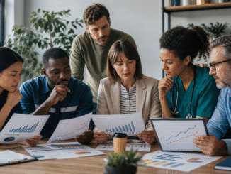 Editorial scene of diverse workers reviewing pay, household costs and purchasing power charts in a modern workplace