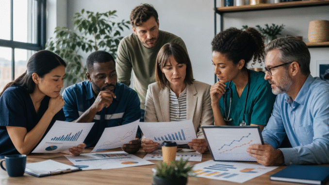Editorial scene of diverse workers reviewing pay, household costs and purchasing power charts in a modern workplace