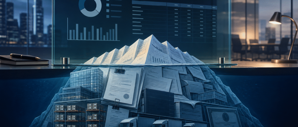 Editorial illustration of a corporate balance sheet above layers of lease contracts, credit lines, buildings and vehicles representing hidden financial obligations