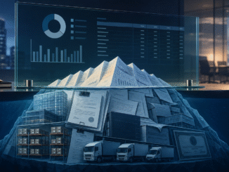 Editorial illustration of a corporate balance sheet above layers of lease contracts, credit lines, buildings and vehicles representing hidden financial obligations