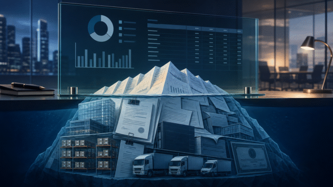 Editorial illustration of a corporate balance sheet above layers of lease contracts, credit lines, buildings and vehicles representing hidden financial obligations