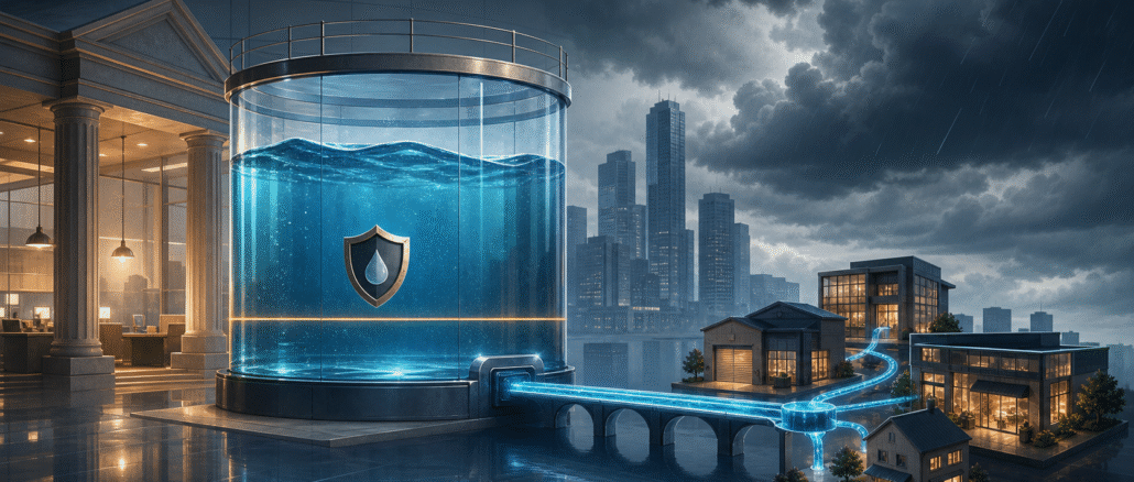 Editorial illustration of a bank liquidity reservoir supplying temporary credit to businesses during a financial storm