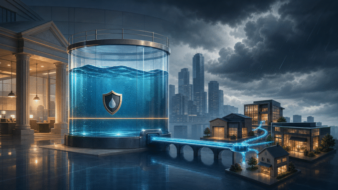 Editorial illustration of a bank liquidity reservoir supplying temporary credit to businesses during a financial storm