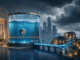 Editorial illustration of a bank liquidity reservoir supplying temporary credit to businesses during a financial storm