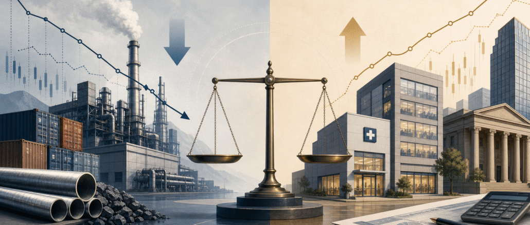 Editorial illustration of factories, service businesses and supply chains facing contrasting price pressures