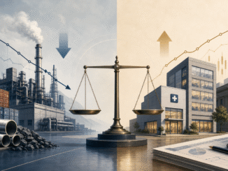 Editorial illustration of factories, service businesses and supply chains facing contrasting price pressures