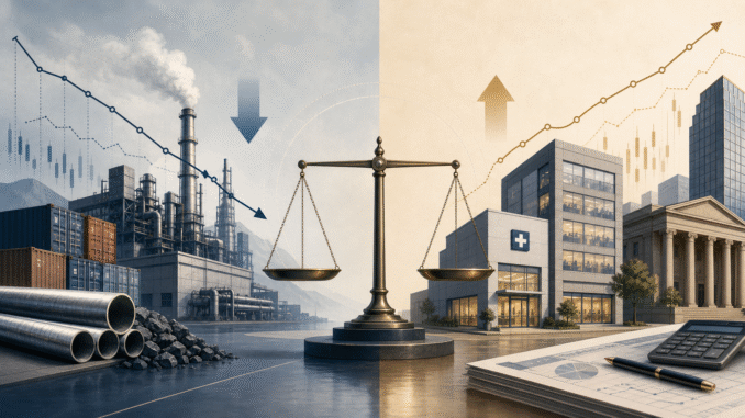 Editorial illustration of factories, service businesses and supply chains facing contrasting price pressures