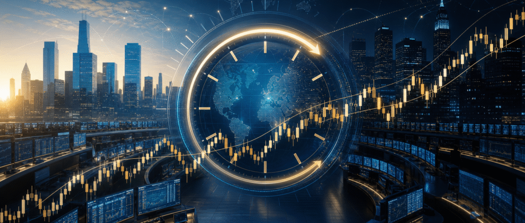 Editorial illustration of a global stock market operating continuously as a clock moves from daylight into night
