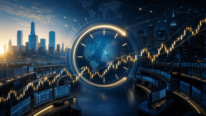 Editorial illustration of a global stock market operating continuously as a clock moves from daylight into night