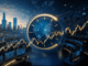 Editorial illustration of a global stock market operating continuously as a clock moves from daylight into night