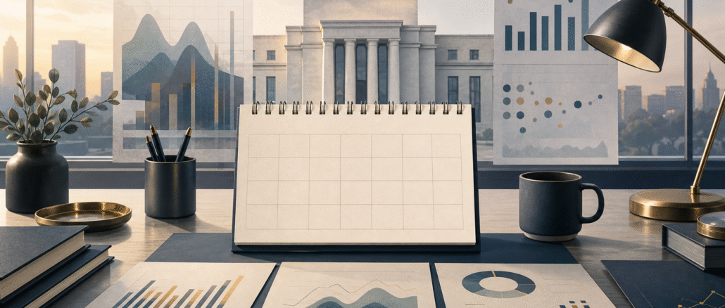 A calm editorial illustration of economic charts, a calendar and a central-bank building on a desk