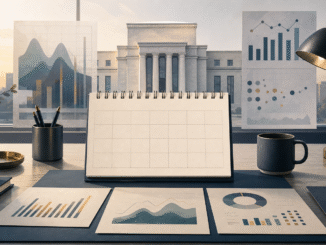A calm editorial illustration of economic charts, a calendar and a central-bank building on a desk