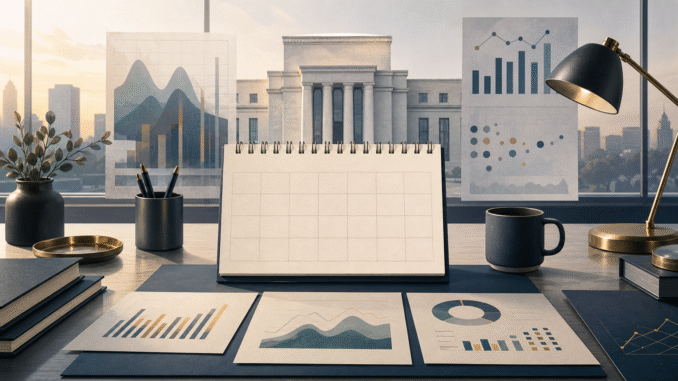 A calm editorial illustration of economic charts, a calendar and a central-bank building on a desk