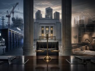 A central-bank meeting table balanced between industrial investment and a subdued household economy