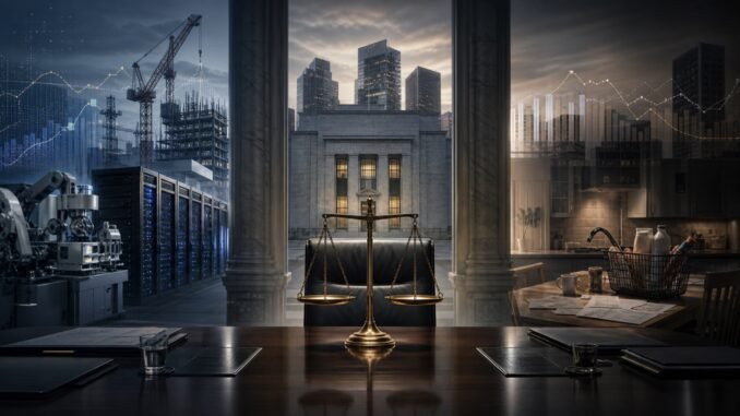 A central-bank meeting table balanced between industrial investment and a subdued household economy