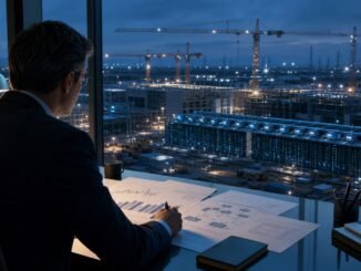 An analyst studies a financial statement beside a vast illuminated data-centre construction site, representing the link between technology investment and cash flow