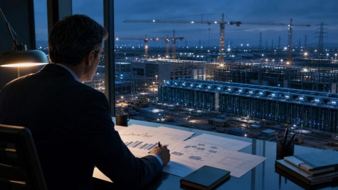 An analyst studies a financial statement beside a vast illuminated data-centre construction site, representing the link between technology investment and cash flow