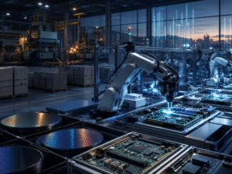 Robotic arms assemble circuit boards and semiconductor components on a brightly lit electronics production line inside a quieter industrial factory.