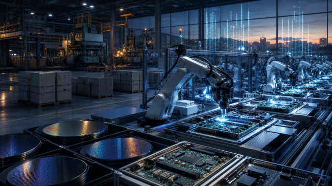 Robotic arms assemble circuit boards and semiconductor components on a brightly lit electronics production line inside a quieter industrial factory.