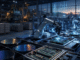 Robotic arms assemble circuit boards and semiconductor components on a brightly lit electronics production line inside a quieter industrial factory.