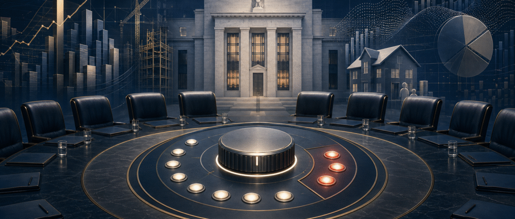 A central-bank policy table with nine steady lights and three red upward signals beside an unchanged interest-rate dial