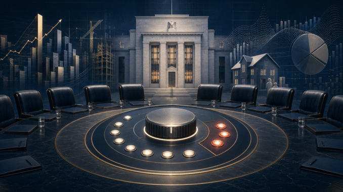 A central-bank policy table with nine steady lights and three red upward signals beside an unchanged interest-rate dial