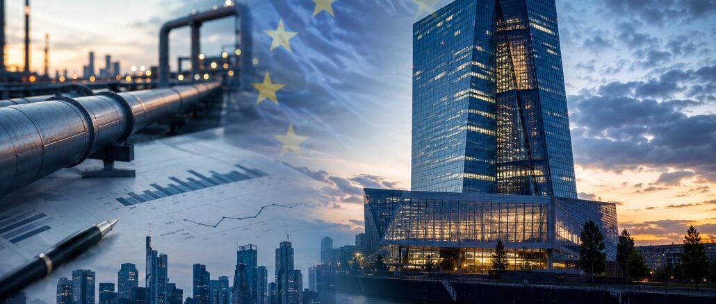 European financial district and central-bank architecture reflected alongside energy infrastructure and lending documents, representing the ECB’s inflation and credit dilemma.