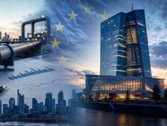 European financial district and central-bank architecture reflected alongside energy infrastructure and lending documents, representing the ECB’s inflation and credit dilemma.