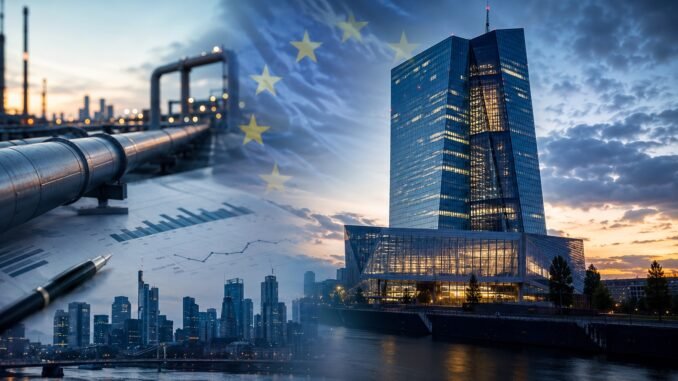 European financial district and central-bank architecture reflected alongside energy infrastructure and lending documents, representing the ECB’s inflation and credit dilemma.