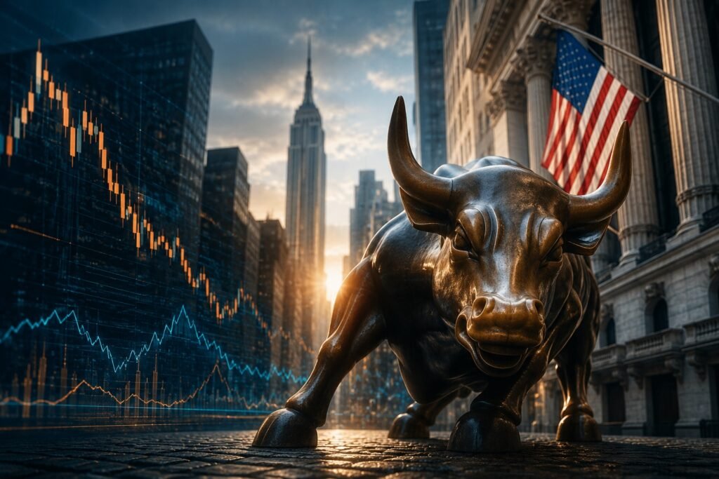 Wall Street buildings, financial charts and data-centre servers combined in an editorial illustration representing the US earnings season and AI investment.