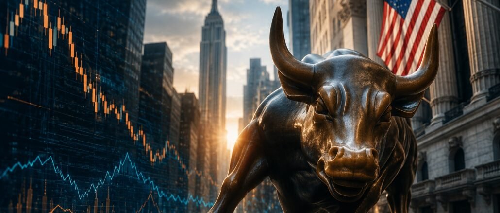 Wall Street buildings, financial charts and data-centre servers combined in an editorial illustration representing the US earnings season and AI investment.