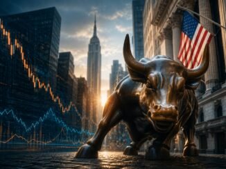 Wall Street buildings, financial charts and data-centre servers combined in an editorial illustration representing the US earnings season and AI investment.