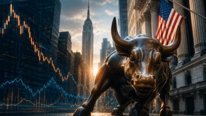 Wall Street buildings, financial charts and data-centre servers combined in an editorial illustration representing the US earnings season and AI investment.