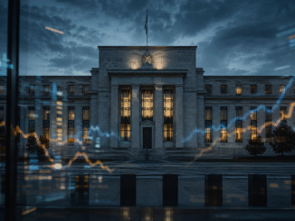 Federal Reserve-style central bank building at dusk reflected through abstract bond-market charts